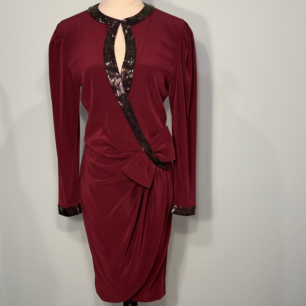 D’ore Della Roufogali Burgundy Midi Dress with Bow and beaded Details Size 6